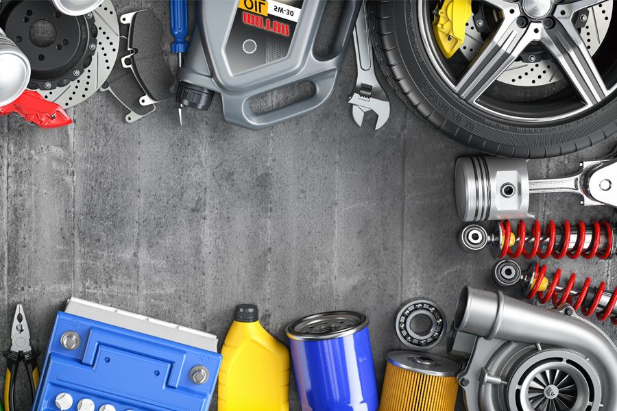Car parts, spares and accesoires. Auto service and car repair workshop concept. 3d illustration