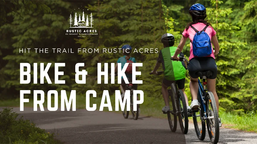 bike and hike from camp blog post for rustic acres people riding their bikes in the forest on a road